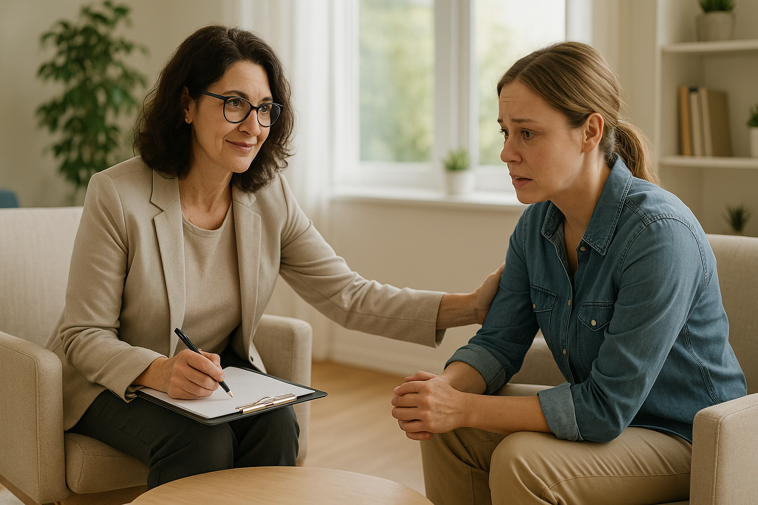 Professional addiction counselor in beige suit consulting with concerned woman in denim shirt about rehab facility options in bright therapy office