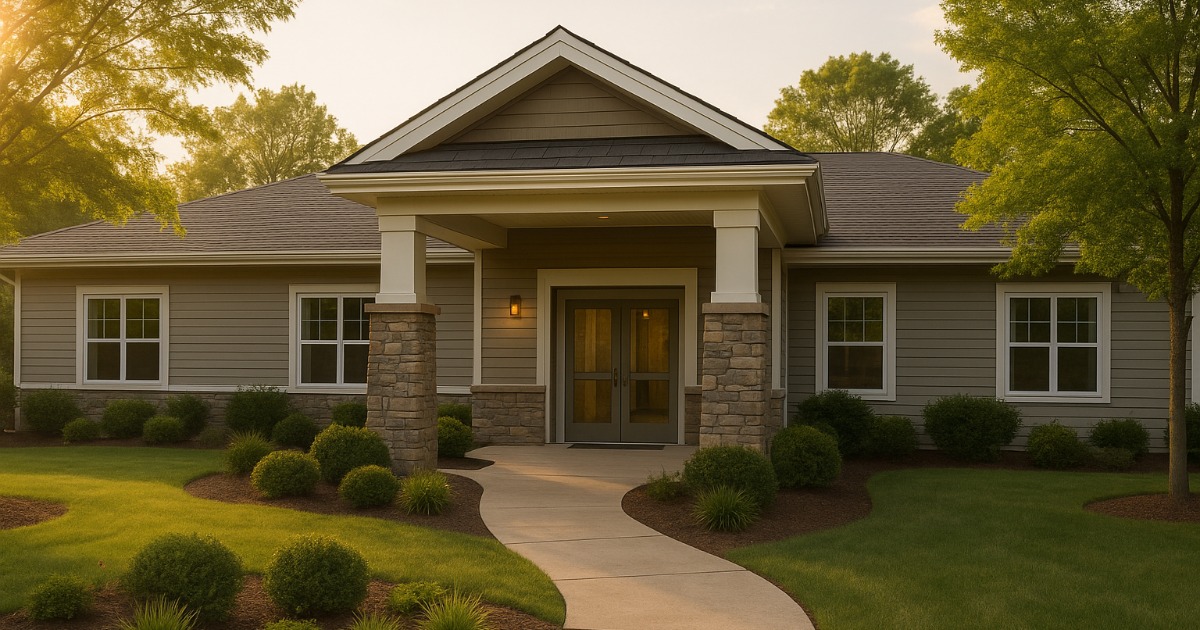 Welcoming residential treatment center exterior with stone columns, curved walkway, and landscaped grounds showing home-like environment for addiction and mental health recovery