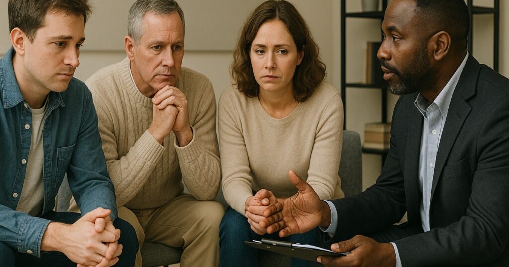 Family intervention meeting with professional counselor guiding concerned relatives in comfortable office setting discussing addiction treatment options