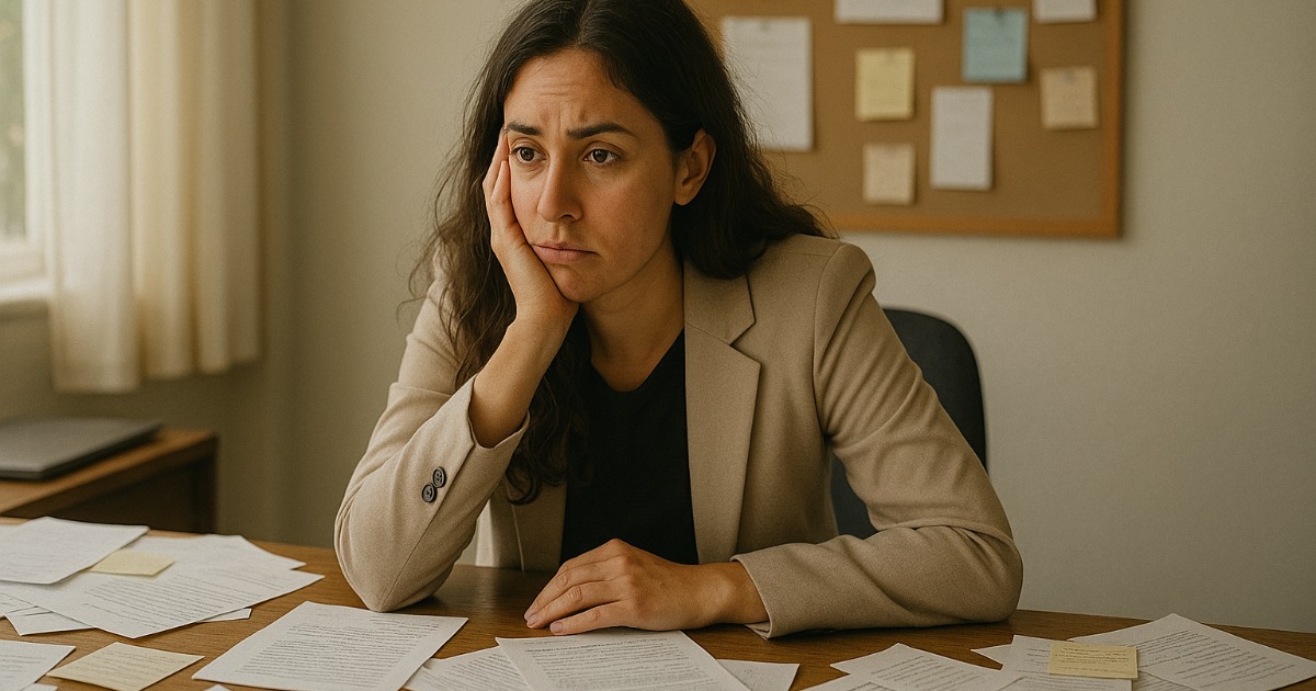 Professional woman looking overwhelmed while sitting at desk covered with scattered papers and documents, representing the daily struggles of inattentive ADHD in women