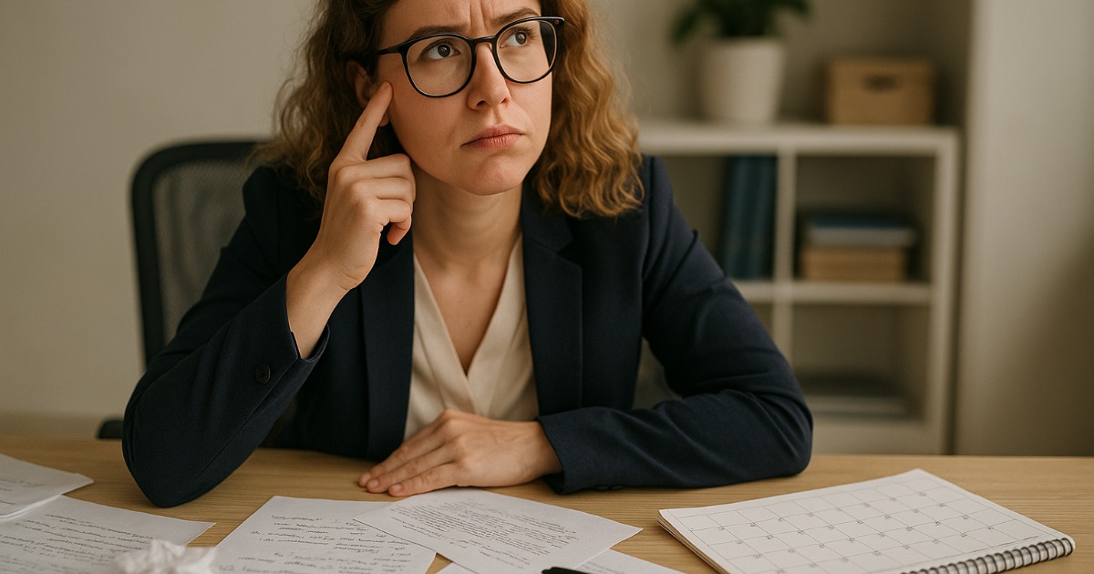 Professional woman with glasses looking thoughtful while working at desk with scattered papers, representing ADHD organization challenges in women
