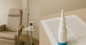 IV Ketamine vs Esketamine Treatment Comparison - Harvard Study 2025 - Vanguard Behavioral Health Split comparison showing IV ketamine treatment setup with comfortable beige recliner chair and medical IV pole on left, and white nasal spray bottle on research documents on right, illustrating the two main ketamine therapy options for depression treatment