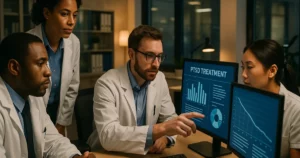 Healthcare professionals analyzing PTSD treatment research data at VA medical facility - Vanguard Behavioral Health Diverse team of healthcare professionals in white coats reviewing PTSD treatment data on computer screens in modern medical research facility